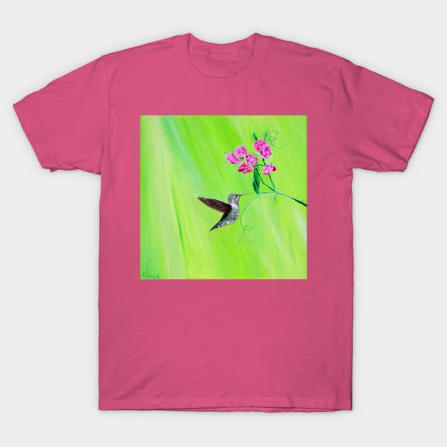 Hummingbird and Sweet Peas Painting T-Shirt by ArtbyKirstenSneath